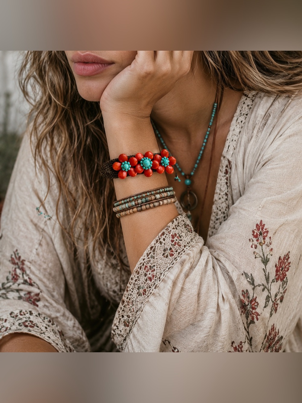 Vintage Crocheted Floral Statement Bracelet – Red & Turquoise – Boho Artisan